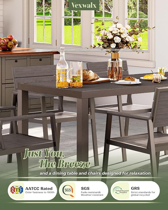 Vexwalx 7-Piece Outdoor Dining Set, Aluminum Dining Table Set for 6, Patio Table and Chairs Set with Umbrella Hole, All Weather HDPS Outdoor Table and Chairs for 6 (Charcoal)