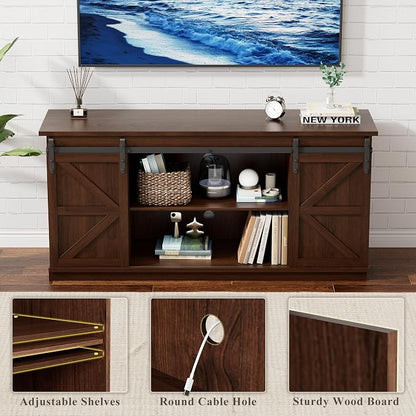 YESHOMY TV Stand for Televisions up to 65 Inches, with Sliding Barn Doors and Storage Cabinets, Console Table and Media Furniture for Living Room, 58 Inch, Espresso