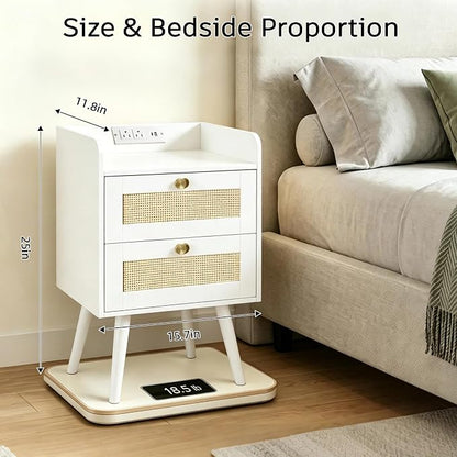 Nightstands Set of 2 with Charging Station, Modern Boho Rattan Bedside Tables with 2 Drawers,Open Storage End Tables for Bedroom, Small Spaces and Dorm, Solid Wood Legs,White