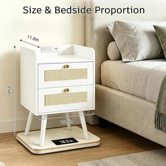 Nightstands Set of 2 with Charging Station, Modern Boho Rattan Bedside Tables with 2 Drawers,Open Storage End Tables for Bedroom, Small Spaces and Dorm, Solid Wood Legs,White