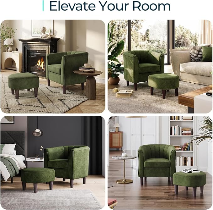 LINSY Accent Chair with Ottoman, Modern Barrel Chair Comfy Armchair Reading Chair with Footrest, Small Round Arms Chair for Living Room Bedroom Reading Room, Velvet, Olive