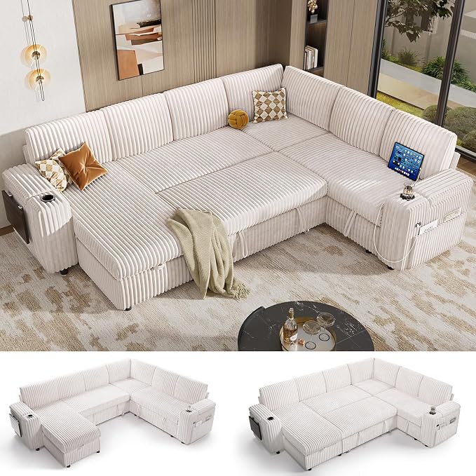 Vipbear 111" Modular Sectional Sleeper Sofa with Pull Out Bed, 7 Seat Plush Corduroy L Shaped Couch with Storage Chaise|USB Ports|Cup Holders|Side Table|Storage Armrests, Tool Free Assembly, Beige