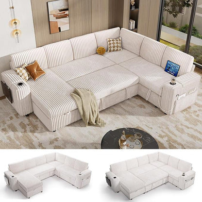 Vipbear 111" Modular Sectional Sleeper Sofa with Pull Out Bed, 7 Seat Plush Corduroy L Shaped Couch with Storage Chaise|USB Ports|Cup Holders|Side Table|Storage Armrests, Tool Free Assembly, Beige