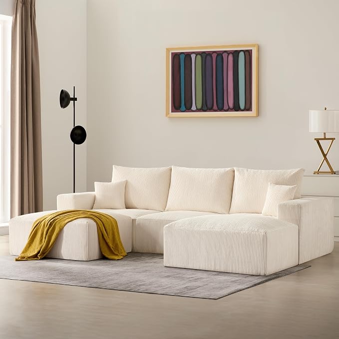 40" Oversized Large Square Corduroy Ottoman Pouf - Poofy Plush Foot Rest with Foam Chunk Filling, Movable Floor Pouf Footstool & Ottoman Coffee Table for Living Room Couch Bedroom, Beige (2 Pieces)