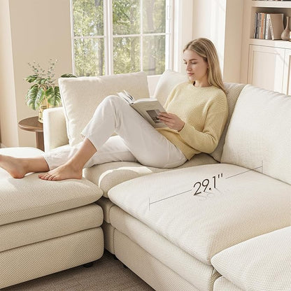 97" Cloud Couches for Living Room, 29.1" Deep Seat Modular Sectional Sofa, L Shaped Cloud Sofa with One Movable Ottoman