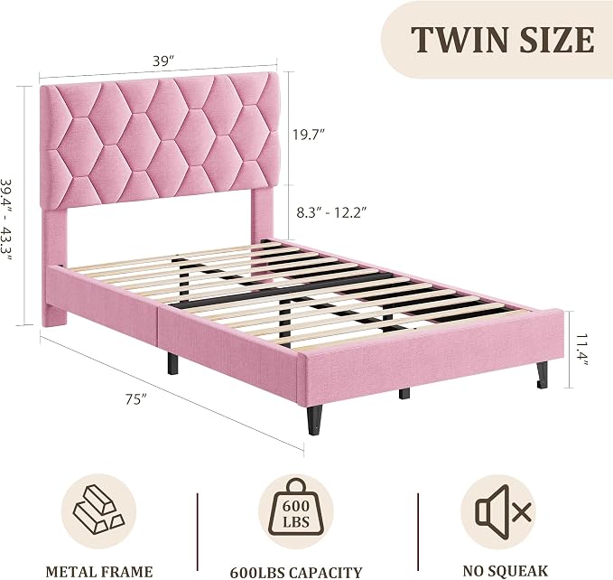 GAOMON Pink Twin XL Bed Frame with Upholstered Headboard, Heavy-Duty Platform Bed Frame with Strong Wood Slats, No Box Spring Needed/Noise Free/Easy Assembly