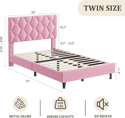 GAOMON Pink Twin XL Bed Frame with Upholstered Headboard, Heavy-Duty Platform Bed Frame with Strong Wood Slats, No Box Spring Needed/Noise Free/Easy Assembly