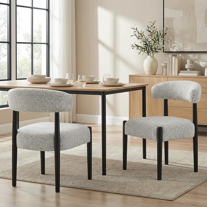 VKNOW Wooden Dining Chairs Set of 2 with Black Legs, Heathered Off-White | Soft Chenille Fabric, Curved Open Back, Thickened Cushion, For Adults and Family, Dining Room, Kitchen, No Wobble