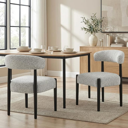 VKNOW Wooden Dining Chairs Set of 2 with Black Legs, Heathered Off-White | Soft Chenille Fabric, Curved Open Back, Thickened Cushion, For Adults and Family, Dining Room, Kitchen, No Wobble