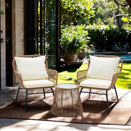 Bezseller 3-Piece Outdoor Patio Furniture Set - Modern Boho Furniture 20" Wide Seating w/ 2" Thick Cushions, 14.2" Seat Height - for Gardens, Balcony & Apartments