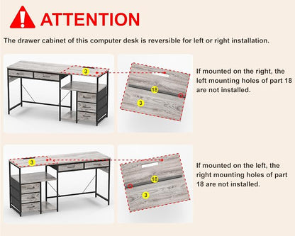 YOSHOOT 60" Computer Desk with 5 Fabric Drawers, Gaming Desk Table | Desk with Storage and Power Outlets, for Adults and Teenagers Working Writing Study, Grey