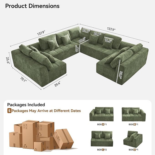 140''Modular Sectional Couches for Living Room, Cloud Boneless Compressed Sectional Sofa, Oversized U Shaped 9 Seater Upholstered Memory Foam Sofa, No Assembly, Chenille Green