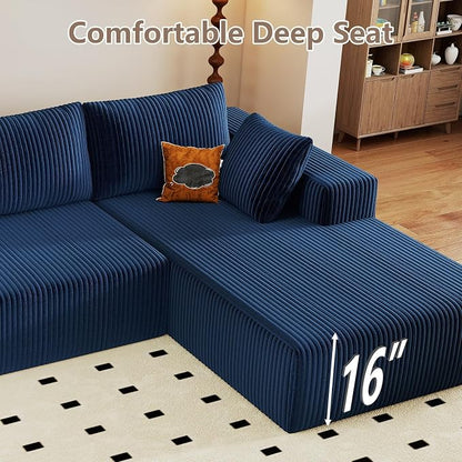 95" Cloud Sectional Couch with L-Shape Chaise, Modular Comfy Sofa Chaise Longue, Upholstered Corduroy Couches Sleeper with Deep Seat for Living Room Bedroom, No Assembly Required(Blue, Right Facing)