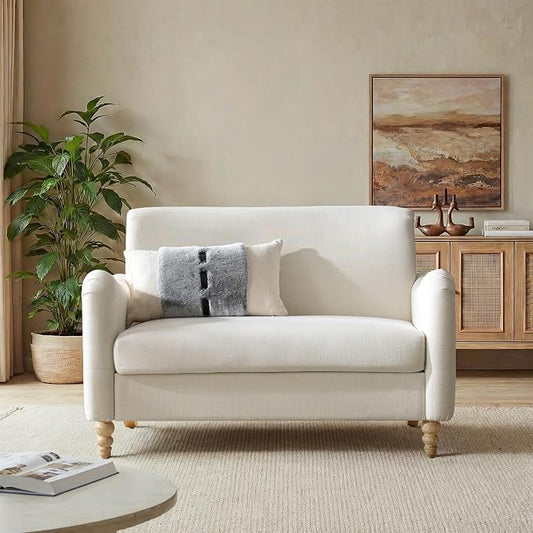 EcoHarbor Living 50.5" Mid-Century Modern Couch, Upholstered Sofa with Armrests, Stripe Mini Couches for Small Spaces, Living Room, Bedroom, Office, Apartment, Ivory