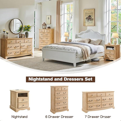 T4TREAM Farmhouse Dresser and Nightstand Sets of 3, 48" Tall 6 Drawers Dresser & 2-Drawer Nightstands Set, Wood Bedroom Furniture Set for Home, Hallway, Bedroom, Natural Oak