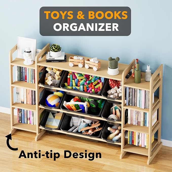 SpaceAid Large Toy Storage Organizer 9 Shelves 9 Bins, Toy Organizers Storage Bookshelf, Kids Bin Shelf Toys Box Bookcase for Bedroom Playroom Organization Room Decor, Neutral Gray