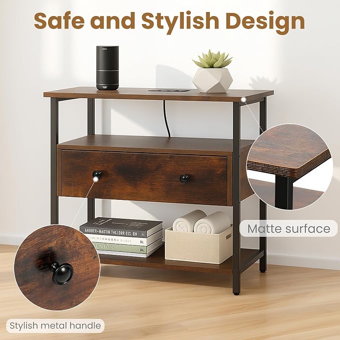 Edbuosy 27 Inch Wide Night Stand with Charging Station, Wood Nightstand with Open Shelf, Large Drawer Bedside Table for Living Room/Bedroom/Office, Retro Brown