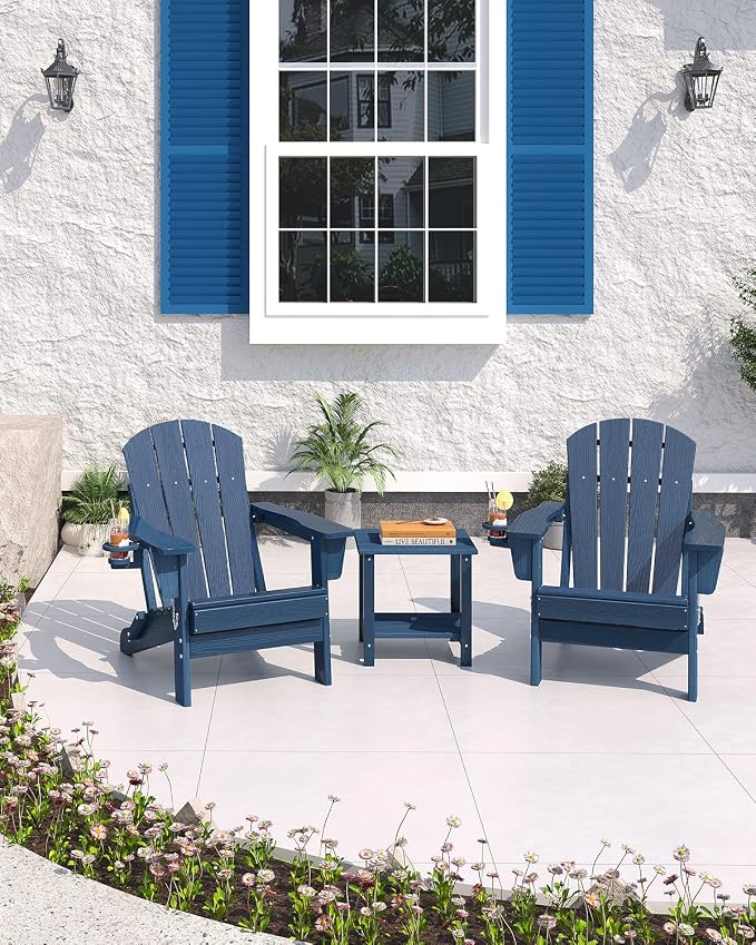 GarveeLife Folding Adirondack Chair Set of 2, All-Weather HDPE Outdoor Chair, Wooden Textured with Cup Holder for patios, Decks, Gardens, fire pits, Navy Blue
