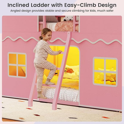 BTHFST Bunk Bed Twin Over Twin with Play Curtain, House Bunk Bed with LED Lights, Metal Kids Bunk Bed with Inclined Ladder and Guardrail, Space Saving, No Box Spring Needed, Pink