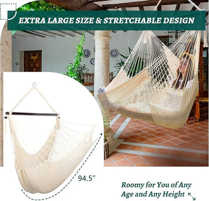 Bathonly Large Hammock Chair with Spreader Bar, Caribbean Hammock Swing Chair, XL Hammock Chair Outdoor Indoor, 330 LBS Weight Capacity, Beige