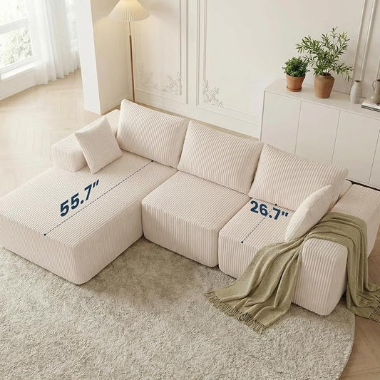 DUMOS 105" L-Shaped Sectional Boneless Couch for Living Room, Upholstered Corduroy Sofa with Deep Seat for Small Apartment, Bedroom, No Assembly in a Box, Left Facing Chaise, Beige