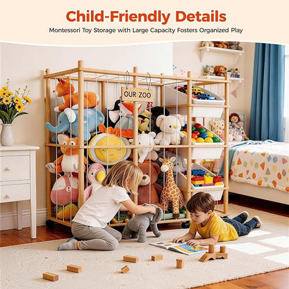 Sevenblue Toy Storage Organizer with 3 Removable Bins, Kids Storage Toy Shelf Organizer for Stuffed Animal Holder for Bedroom Playroom Nursery | Wood & White