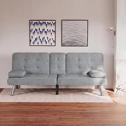 Flamaker Futon Sofa Bed Modern Folding Futon Set Linen Fabric Convertible Recliner Lounge for Living Room with 2 Cup Holders, Removable Armrests (Fabric, Light Grey)