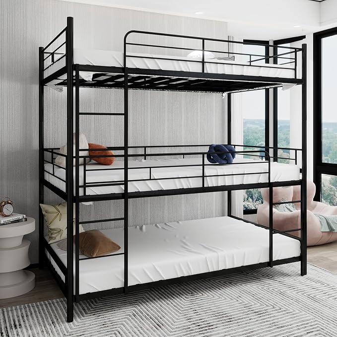 Triple Bunk Bed, Twin Over Twin Heavy Duty Metal 3 Bunk Beds with Safety Guardrails and Dual Ladders, Metal Bunk Bed for 3, Convertible to 3 Beds for Teens & Adults, Black | triple bunk beds