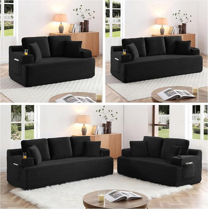 66.5'' Boneless Sofa Couch with Cup Holders & Side Pockets, Modern Corduroy Fabric Upholstered Loveseat Couch with 2 Throw Pillows for Living Room Office, No Assembly (Black)