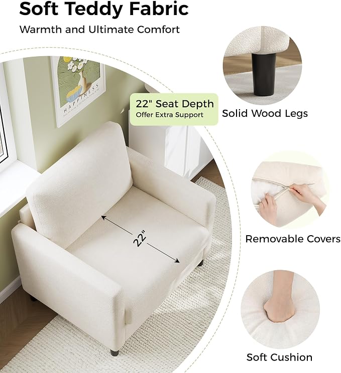 Welzona Sofa Accent Chair, 33" Reading Chair for Bedroom, Tool-Free Setup Living Room Accent Chairs, Comfy Arm Chairs Living Room, All-Wood Reading Nook, Cream White