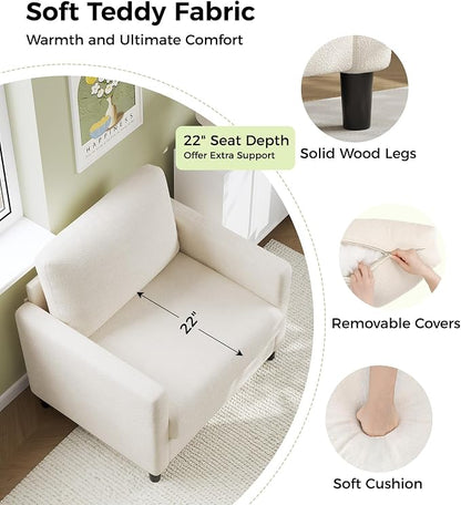 Welzona Sofa Accent Chair, 33" Reading Chair for Bedroom, Tool-Free Setup Living Room Accent Chairs, Comfy Arm Chairs Living Room, All-Wood Reading Nook, Cream White