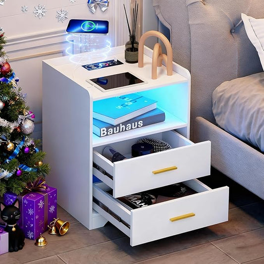 dnbss White LED Nightstand with Charging Station and 24-Color RGB Lights, Smart Night Stand with Human Sensor Lighting, Modern Bedside Table for Bedroom
