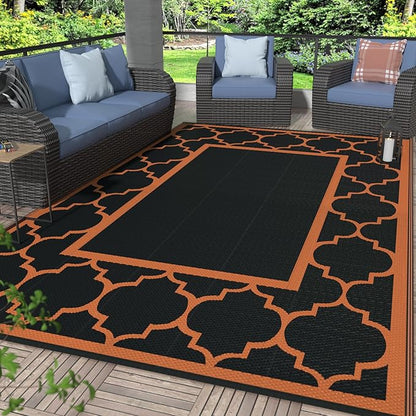 GENIMO 6' x 9' Outdoor Rug Waterproof for Patio Decor, Foldable Reversible Plastic Straw Area Rugs Mat for Camper, Outside Carpet for Rv, Deck, Porch, Picnic, Beach, Balcony, Black & Orange