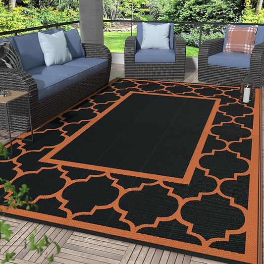 GENIMO 6' x 9' Outdoor Rug Waterproof for Patio Decor, Foldable Reversible Plastic Straw Area Rugs Mat for Camper, Outside Carpet for Rv, Deck, Porch, Picnic, Beach, Balcony, Black & Orange