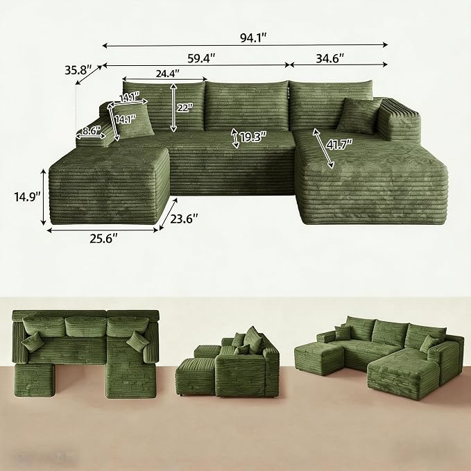 JINGLING 94" U Shaped Boneless Sectional Couch Set for Living Room, Plush Corduroy Modular Sofa with Ottoman, Small Space Apartment Couch, No Assembly, Right Facing Chaise, Green