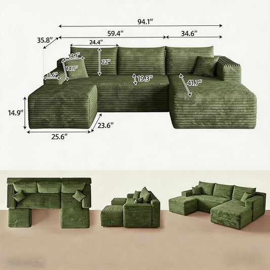 JINGLING 94" U Shaped Boneless Sectional Couch Set for Living Room, Plush Corduroy Modular Sofa with Ottoman, Small Space Apartment Couch, No Assembly, Right Facing Chaise, Green