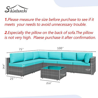 7 Piece Outdoor Patio Furniture Set, Silver Rattan Wicker Sectional Sofa, All Weather Conversation Set with Washable Cushions & Glass Coffee Table for Backyard Poolside Garden Porch,Blue