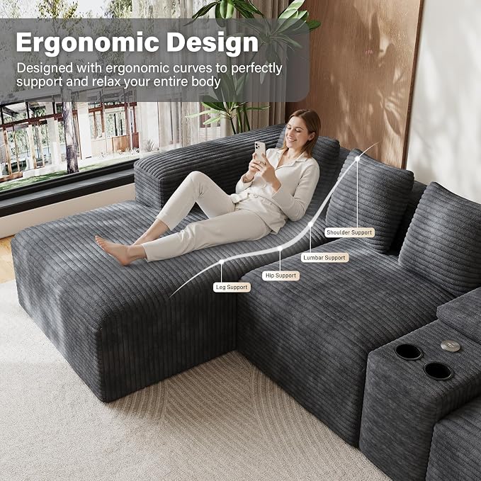 143" Oversized U Shaped Cloud Sectional Couches for Living Room, Comfy Fluffy Corduroy Dark Grey Boneless Couch, Large Modular Sectional Sofa Set with Chaise, Cup Holder, USB Port, Storage Console