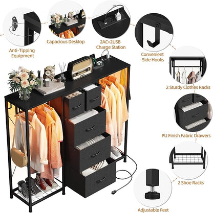 HIGDBFE 5-Drawer Dresser with 2 Hanging Racks, Black, 49.2" W | LED Lights&Charging Station, Hooks, Wooden Top, Fabric Drawer, Dresser TV Stand for Bedroom, Dorm