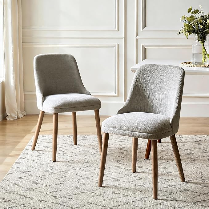 Upholstered Dining Chairs Set of 2, Fabric Dining Room Chairs with Curved Backrest, Solid Wood Legs, Modern Kitchen Chairs for Dining Room Living Room, Grey