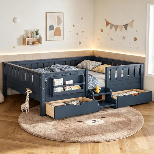 Bellemave Queen Bed with Storage Drawers & Bookshelf, Low Profile Kids Bed Frame with Staircase & Full Length Guardrails, Solid Wood Queen Bed for Kids with Slats Load 550LBS, Easy Assembly, Blue