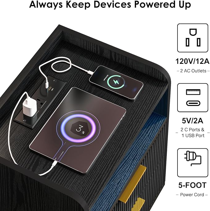 Fixwal Black Fluted Nightstand with Charging Station, LED Night Stand with 2 Wood Drawers for Bedroom, Modern Bedside Table, 15.7 x 11.8 x 25.6in