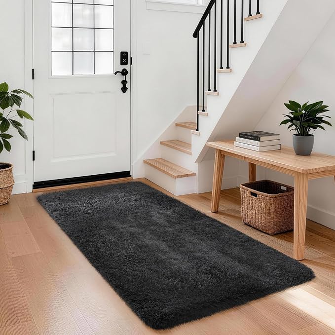 Ophanie Runner Rug for Hallway, 3x6 Washable Non-Slip Fluffy Soft Bedside Rugs, Bedroom Living Room Shaggy Carpet for Kids Girls Boys Dorm Nursery Decor Aesthetic, Black with Over 99 pcs Pile fibers