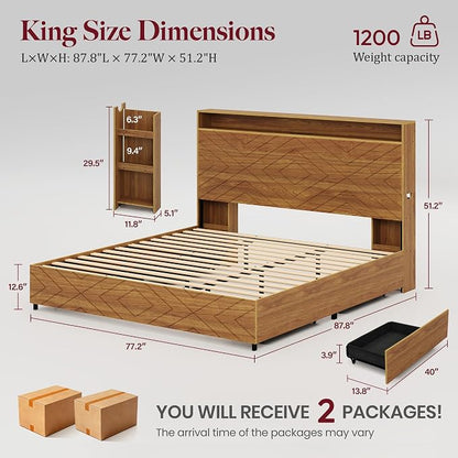 King Size Bed Frame with 2 Bedside Stoage Racks & 4 Locking Drawers, 51.18" Tall Headboard with Charging Station & RGB LED Lights, Farmehouse Platform Bed Frame, No Box Spring Needed, Brown