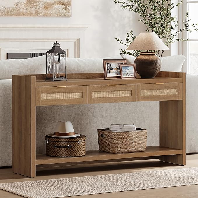 SICOTAS 60" Rattan Console Table Set of 2 - Farmhouse Entry Table Sofa Table with 3 Drawers, Narrow TV Console Table with Storage for Living Room, Hallway, Entryway