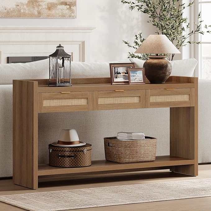 SICOTAS 60" Rattan Console Table for Entryway - Farmhouse Entry Table Sofa Table with 3 Drawers, Narrow TV Console Table with Storage for Living Room, Hallway, Couch, Foyer