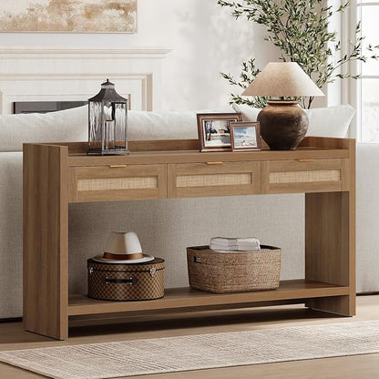 SICOTAS 60" Rattan Console Table for Entryway - Farmhouse Entry Table Sofa Table with 3 Drawers, Narrow TV Console Table with Storage for Living Room, Hallway, Couch, Foyer