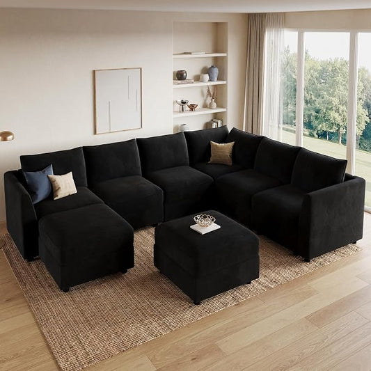 HONBAY Oversized Modular Sectional Sofa with Storage U Shape Sectional Sofa Set Velvet Sectional Couches for Living Room,Black
