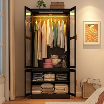 chartustriable 2 Doors Armoire Wardrobe Closet with LED,71" H Freestanding Wooden Wardrobe Closet Cabinet for Bedroom,Wooden Clothing Storage Cabinet with Hanging Rod,Closets for Bedroom(Black)