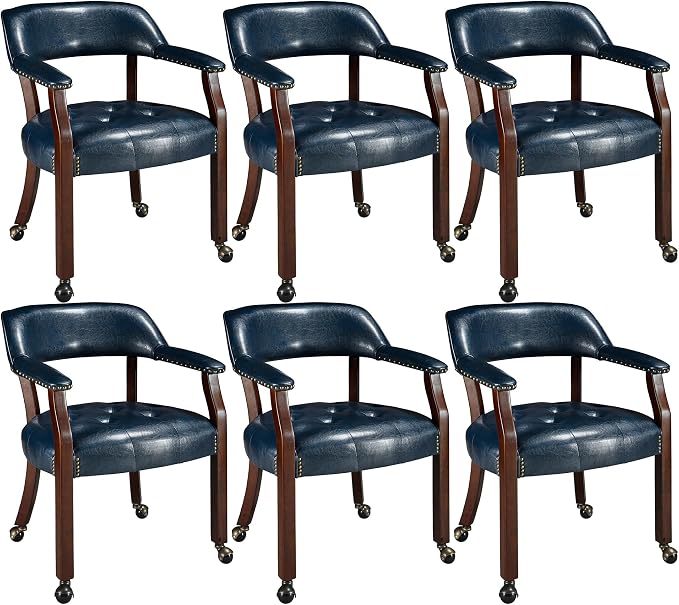 LEEMTORIG Set of 6 Dining Chairs with Casters and Arms, Large Rolling Dining Chairs with Wheels, Accent Poker Table Chairs, Solid Wood Boss Caption's Office Chairs, Cherry Legs & Blue SY-1533-LB